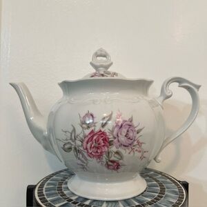 Chodziez Poland Porcelain Teapot Large White  Ornate Floral euc